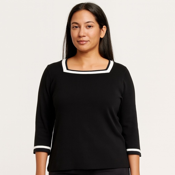 Ann Taylor Black White Stripe Square Neck Long Sleeve Sweater Medium - Picture 1 of 10